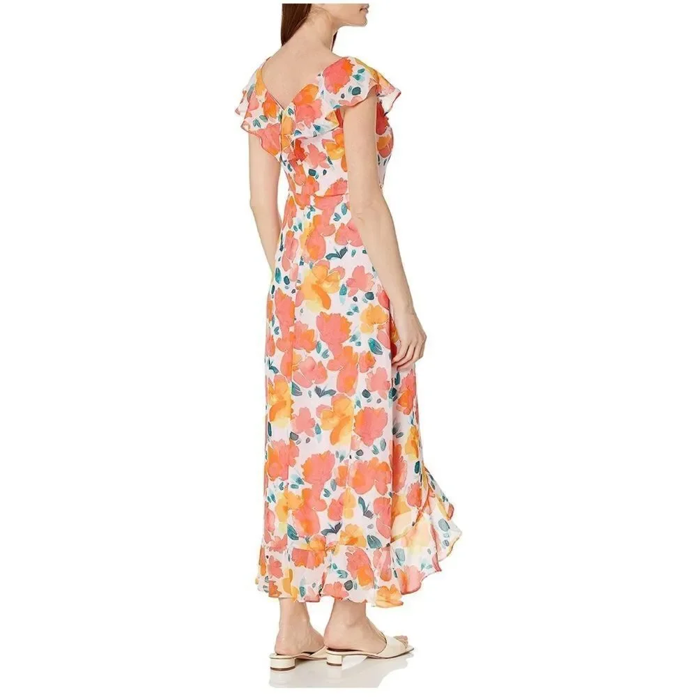 London Times Chiffon Faux Wrap Ruffle Maxi Dress Guest of Wedding size 12